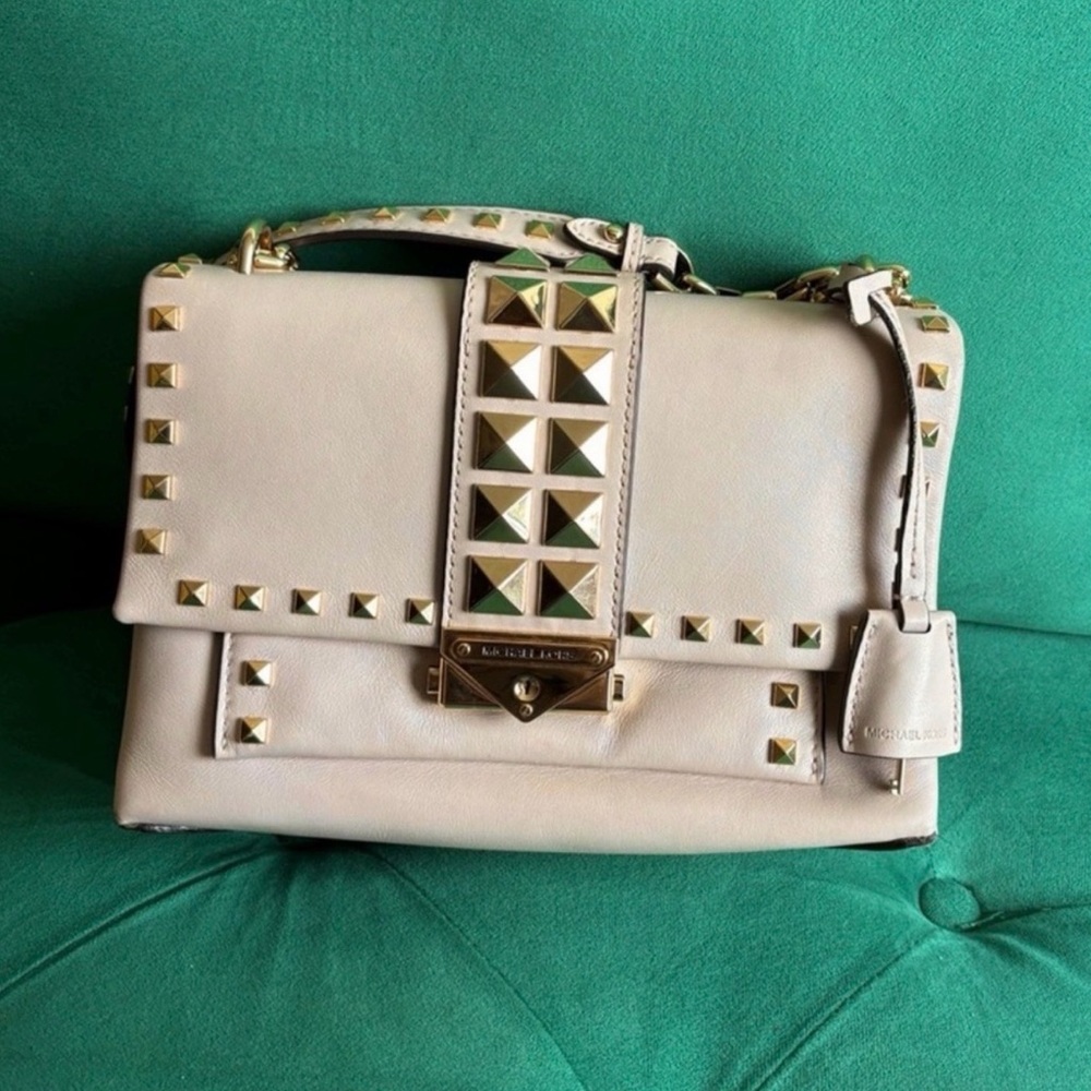 Michael Kors light pink Leather Studded Satchel with Gold Hardware